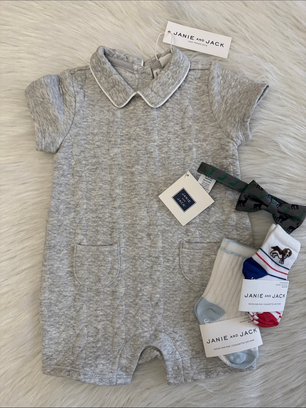 Janie & Jack Baby Cable Jacquard Romper Heather Gray Knit One Piece & Sock 3-6 M